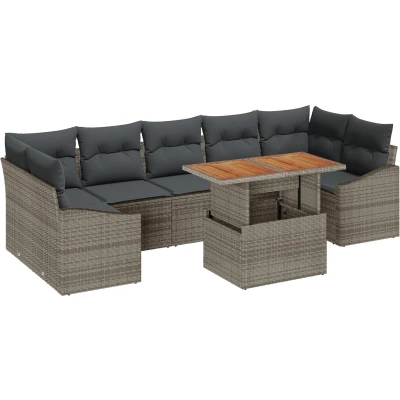 Afbeelding van vidaXL 8 delige tuindining set met kussens Grijs Poly Rattan Acacia