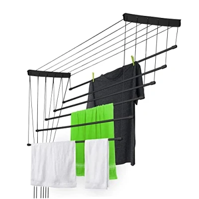 Afbeelding van KADAX Plafondwasdroger, wasdroger voor het plafond 6, wanddroger met polyethyleen beklede stalen spijlen, plafonddroger, draagvermogen 12 kg (6x 130/zwart)