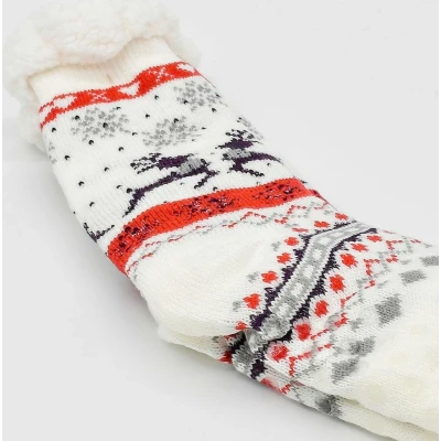 Afbeelding van Merino Wollen sokken Wit met Paarse Rendier maat 39/42 Huissokken Antislip Warme Winter