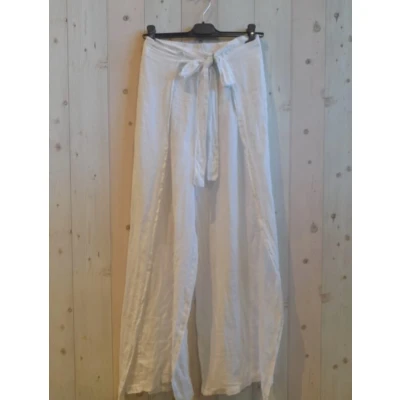 Afbeelding van Linnen broek met zij stukken elastische talie strikje kleur WIT Maat 38/40