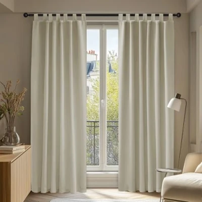 Afbeelding van Deconovo thermische verduisteringsgordijnen met lussen, voor woonkamer, design, 140 x 200 cm, beige, gordijn, raam, slaapkamer, 2 stuks