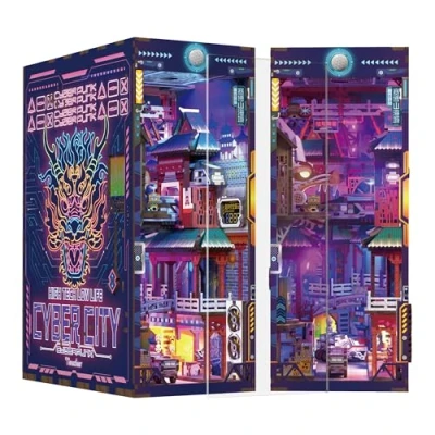 Afbeelding van Tonecheer Book Nook Kit 3D houten puzzel Booknooks DIY modelbouwsets volwassenen om te bouwen miniatuur huis boekenplank met licht grappig verjaardagscadeau (Cyber City)