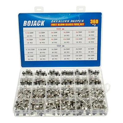 Afbeelding van BOJACK 24 waarden 360 stuks Snelle glaszekering Assortimentset 5x20mm 250V 0.25 0.5 1 2 3 4 5 8 10 12 15 20A 6x30mm 6 7 verpakking in een doorzichtige plastic doos