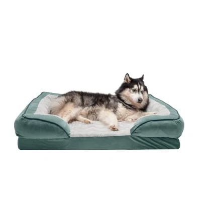Afbeelding van Furhaven XL Hondenbed van traagschuim, perfect comfort, pluche en fluwelen golven, bankstijl met afneembare wasbare hoes groen (Celadon Green), Jumbo (XL)