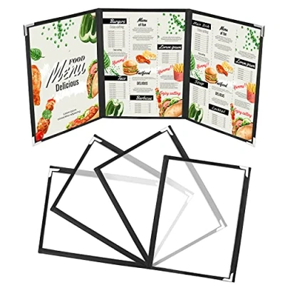 Afbeelding van Kurtzy 5 Stuks 3 Keer Vouwbare A5 Menucovers Vouw Dubbele Weergave Amerikaanse Stijl Menuhouders Zwarte Doorzichtige met Hoekbeschermers Voor Restaurants, Bars, Cafés, Eten&amp;Drinken