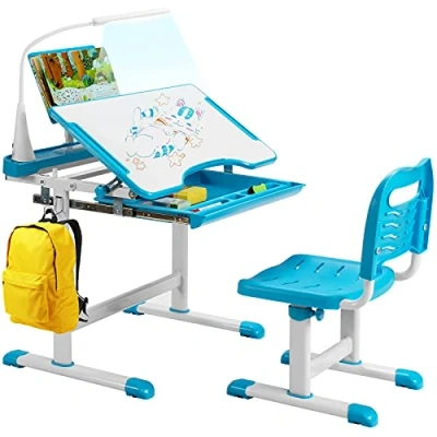 Afbeelding van COSTWAY Kinderbureauset met boekenstandaard en ledlicht, in hoogte verstelbare kindertafel stoel kantelbaar tafelblad lade, kinderbureau voor jongens meisjes (blauw)