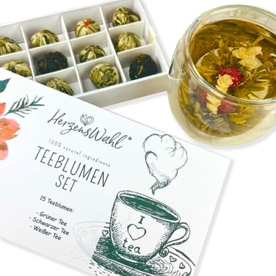 Afbeelding van HerzensWahl theebloemen, cadeauset, 15 x witte thee, groene thee en zwarte in theedoos, teerozen probeerset, set voor theeliefhebbers, inclusief geschenkdoos