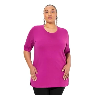 Afbeelding van Ulla Popken Dames grote maten plus size T shirt, ronde hals, relaxed, halve mouwen, bes, 42 44
