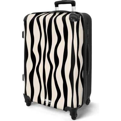 Afbeelding van NoBoringSuitcases.com® Koffer groot Rolkoffer lichtgewicht Beige met zwart golvende lijnen Reiskoffer 4 wielen Grote trolley XL 20 kg bagage