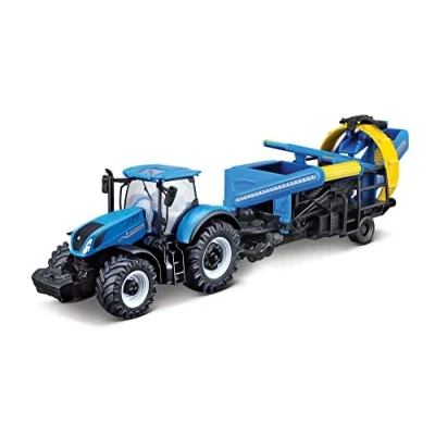 Afbeelding van Bburago B18 31678 Die Cast New Holland T7.315 tractor met werkende cultivator voertuig, blauw, klein