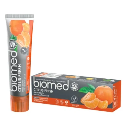 Afbeelding van Biomed Citrus Fresh 97% natuurlijke tandpasta/sinaasappel, frisse adem/gezond tandvlees/mandarijn Grapefruit citroen essentiële oliën, fruitsmaak, Vegetarisch, SLES vrij 100 g