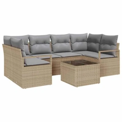 Afbeelding van vidaXL 7 delige Tuinsofa Set met Kussens Beige Poly Rattan