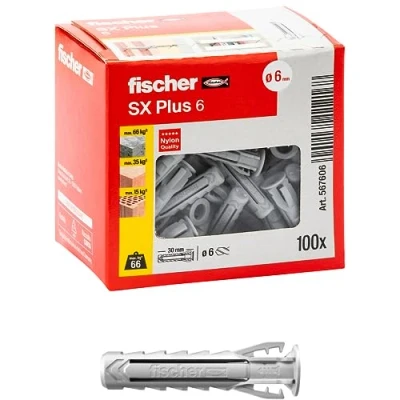 Afbeelding van Fischer 100 x pluggen SX Plus 6 30 mm voor volledige muur, gatenbaksteen, metselwerk, beton, bevestiging van kroonluchters, meubels, wandkasten, planken, 567606