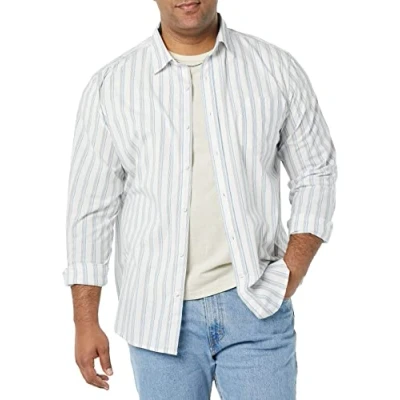 Afbeelding van Amazon Essentials Regular Fit Stretch Poplin overhemd met lange mouwen voor heren, blauw grijs wit strepen, XS