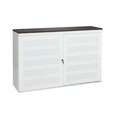 Afbeelding van Schuifdeurkast met geperforeerde deuren breed 160CM diep 45CM hoogte 100CM bladkleur Wit framekleur (RAL9010)
