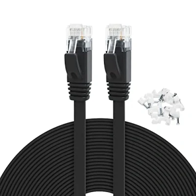 Afbeelding van Yauhody CAT6 netwerkkabel 22m, hoge snelheid solide platte Ethernet kabel, Gigabit internet LAN patchkabels met kabelclips, RJ45 connector voor modem, router, pc, tv (22m, zwart)