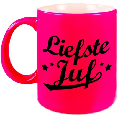 Afbeelding van Liefste juf beker / mok neon roze 330 ml afscheidscadeau bedankt cadeau feest mokken