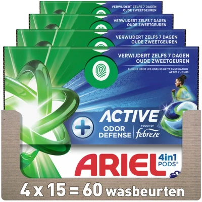 Afbeelding van 4x Ariel 4in1 Wasmiddel Pods Actieve Geurbestrijding 15 stuks