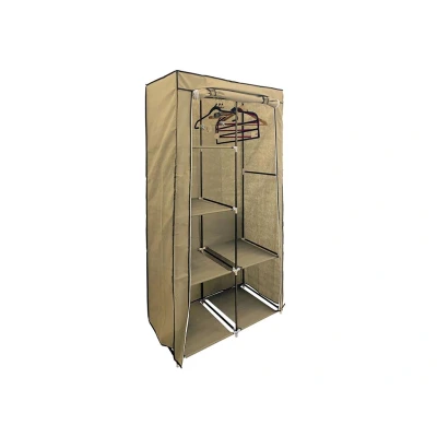 Afbeelding van Perel Opbergkast met verwijderbare kledingstang, 4 kleine en 2 grote planken, metalen frame, oprolbare hoes klittenband rits, 89 x 44,5 169 cm, bruin/zwart