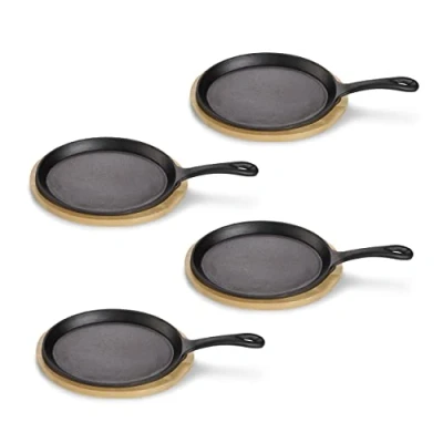 Afbeelding van ECHTWERK Serveerpan van gietijzer, mini pannetjes met serveerplank, kleine grillpan, al ingebrand, geschikt voor oven, barbecue, barbecue en inductie, ideaal serveren, 4 delig