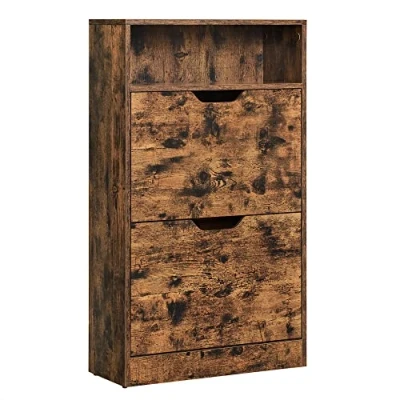 Afbeelding van VASAGLE Schoenenkast met 2 kleppen, schoenenrek 3 niveaus, 1 open vak, melaminecoating, gemakkelijk te reinigen, 60 x 24 102 cm, rustiek bruin LBC040X01