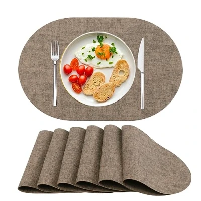 Afbeelding van placemat Afwasbare placemats van PU leer, hittebestendig, antislip, set 6 voor eettafel Kerstmis, kinderen bruin