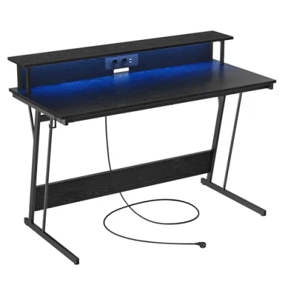 Afbeelding van VASAGLE bureau, speeltafel met ingebouwde stekkerdoos, computerbureau, monitorstandaard voor 2 monitoren, slaapkamer, 55 x 135 76 cm, ebbenhout zwart LWD117B01
