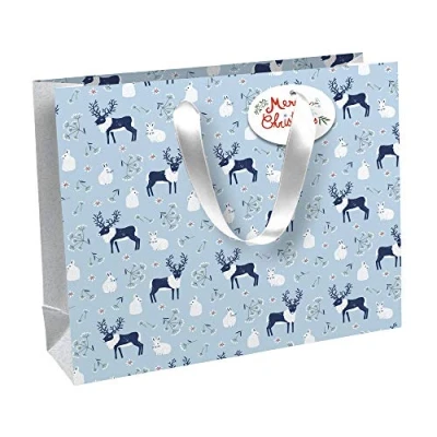 Afbeelding van Clairefontaine x 29526 6C Een geschenkzakje Excellia winkelformaat 37,3 11,8 27,5 cm 210 g Patroon: hert, vingerafdrukken, sneeuw, kerstdecoratie Geschenkverpakking, Ideaal voor: