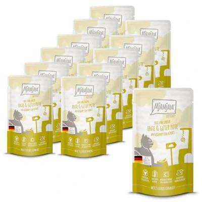 Afbeelding van MjAMjAM Premium natvoer voor katten Quetschie DUO van malse eend &amp; goede kalkoen (hen) met gestoomde pompoen, pak 12 (12 x 125g), graanvrij extra vlees