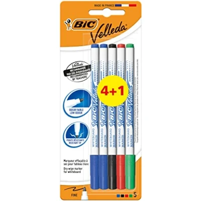 Afbeelding van BIC Velleda 1721 Whiteboard Stiften Dunne Kogelpunt Verschillende Kleuren, Pak van 4+1 Stuks