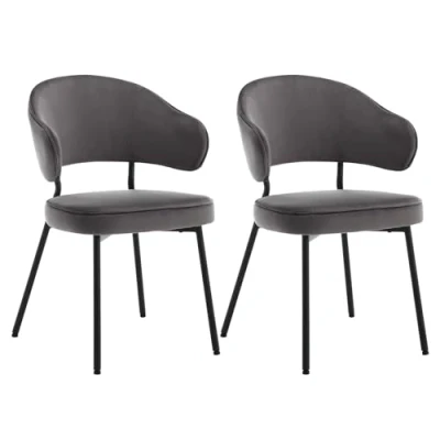 Afbeelding van WOLTU Set van 2 eetkamerstoelen, keukenstoel, gestoffeerde stoel, loungestoel, woonkamerstoel, designstoel, met rugleuning, armleuningen, metalen poten, gestoffeerd, fluweel, donkergrijs, BH389dgr