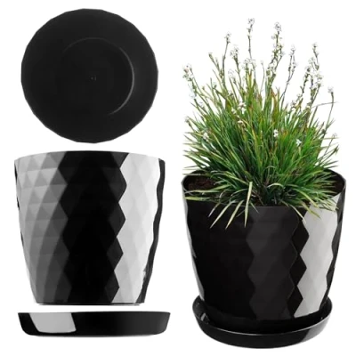 Afbeelding van Kadax Bloempot, pot voor bloemen en planten met onderzetter, plantenbak, licht duurzaam materiaal, decoratieve (25 cm, zwart)