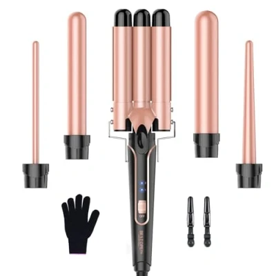 Afbeelding van BESTOPE PRO 5 in 1 golvenijzerset: beschikt over 3 keramische vaten voor het maken van grote golven, inclusief een temperatuurinstelling, snelle opwarming en handschoen, 2 clips, roségoud