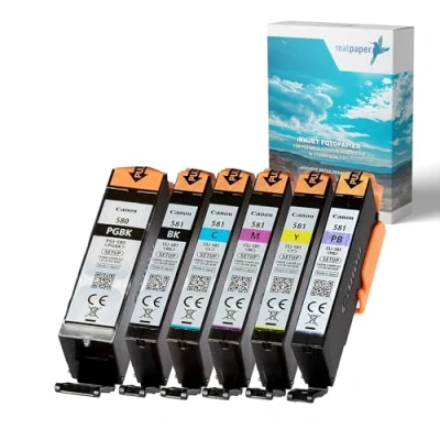 Afbeelding van realpaper Set van 6 originele Canon Setup printercartridges PGI 580/CLI 581 met fotoblauw geschikt voor de printers Pixma TS8250 TS8350 (a) TS8351 TS9150 [+25 vellen fotopapier het merk