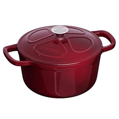 Afbeelding van Navaris Gietijzeren pan 20 cm Ø braadpan met deksel Dutch Oven 2,8 L Geschikt voor inductie, gas en keramisch koken Bordeaux rood