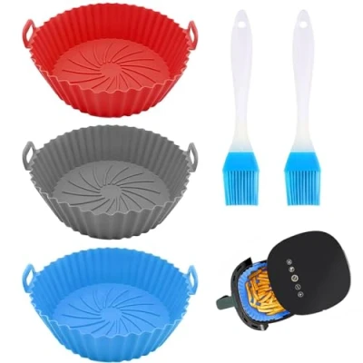 Afbeelding van VireEyU Set van 3 siliconen vormen voor luchtfriteuse, 17,5 cm, inclusief 2 olieborstels, herbruikbare airfryer afdekkingen, bakaccessoires, magnetronaccessoires
