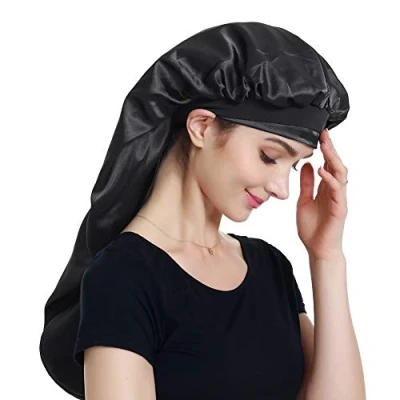Afbeelding van Alnorm Extra grote satijnen slaapmuts dubbellaags, premium elastische band, Zwart, One size