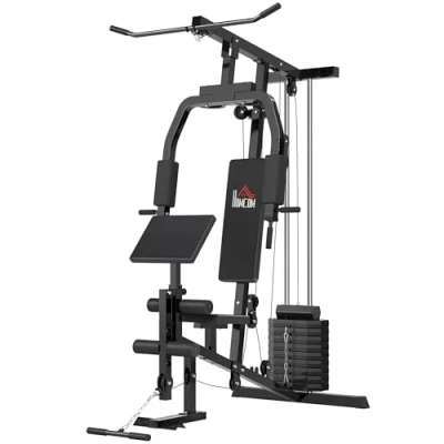 Afbeelding van HOMCOM gym krachtstation fitnessstation multigym fitnesscentrum fitnessapparaat incl. gewichten met schuimrubber rollen staal kunstleer zwart 148 x 108 207 cm