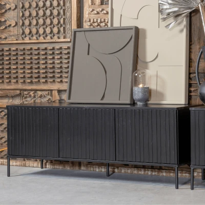 Afbeelding van Woood New Gravure tv meubel 150cm grenen zwart Hout