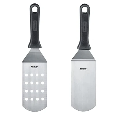 Afbeelding van Westmark Set 2 delig: professionele spatels/grillspatel (gehoekt, flexibel) met geperforeerd en gesloten lemmet, roestvrij staal/kunststof, Master Line, zwart/zilver, 133722E6