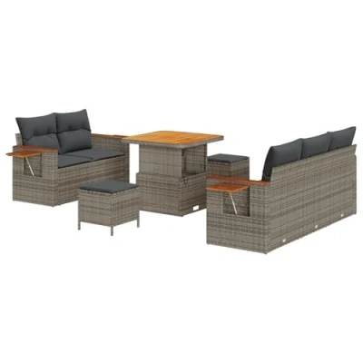 Afbeelding van vidaXL 8 delige Tuin Sofa Set met Kussens Grijze Poly Rattan Acacia, 3 Eet Acacia