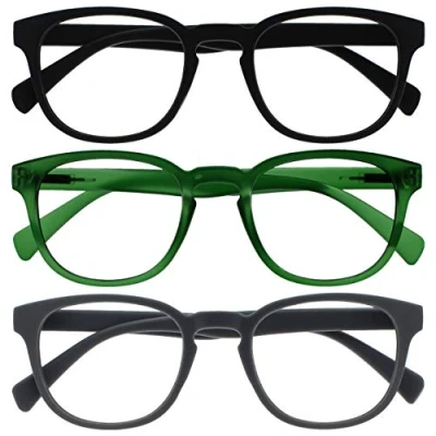 Afbeelding van Opulize Pop 3 Stuks Retro Ronde Glad Mat Zwart Groen Grijs Mannen Vrouwen Leesbril Scharnieren Met Veer RRR2 167 +2,50