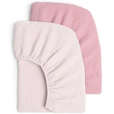 Afbeelding van Set van 2 hoeslakens voor kinderen, mousseline katoenen hoeslaken babybed en kinderbed, 60 x 120 cm / 70 140 cm, reisbed, hoeslaken, bijzetbed, linnen (roze anjer)