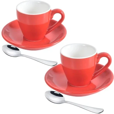 Afbeelding van ionEgg Porseleinen espressokop met schotel en roestvrijstalen mini lepels, espresso shotbeker, 80ml/2,7 oz, pak van 2, rood
