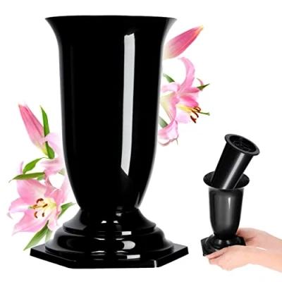 Afbeelding van KADAX Grafvaas, vaas van kunststof, bloemenvaas, kunststof voor bloemen, weerbestendige begraafplaats vaas, vorstbestendige steekvaas graf, grafdecoratie (13 cm, zwart)