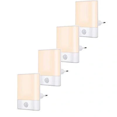 Afbeelding van Brisun Stopcontact nachtlampje met bewegingsmelder, 4 stuks, instelbare helderheid, 3 modi (auto/aan/uit) voor kinderkamer, trap, hal, slaapkamer, badkamer, woonkamer, warmwit