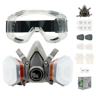 Afbeelding van RHINO Smart Solutions Gezichtsbeschermingsmaske anti stof, herbruikbaar, met bril, handschoenen in 6 deeltjesbeschermingsfilters, voor schilderen, gas, bescherming, knutselen, lakken, stoom