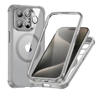 Afbeelding van ESR MagSafe, 360 graden beschermhoes, stootvast, militaire standaard, magnetische telefoonhoes met camerabescherming, helder grijs