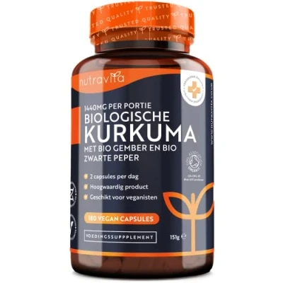 Afbeelding van Biologische Kurkuma 1440mg Hoge Sterkte met Zwarte Peper en Gember 180 Vegan Capsules 3 Maanden Voorraad Turmeric Voedingssupplementen Curcumine Nutravita