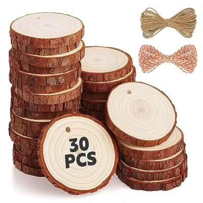 Afbeelding van RUNMKUO natuurlijke hout plakjes 30 stuks 7 8 cm geboord gat onvoltooide log Houten cirkels voor Schijven Bruiloft Kerstdecoratie Boomschijf